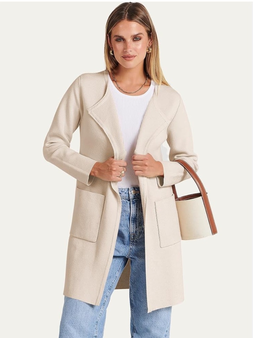 90’s Minimalist Open Stretch Knit Cream Neutral Quiet Luxury Capsule Cardigan XL